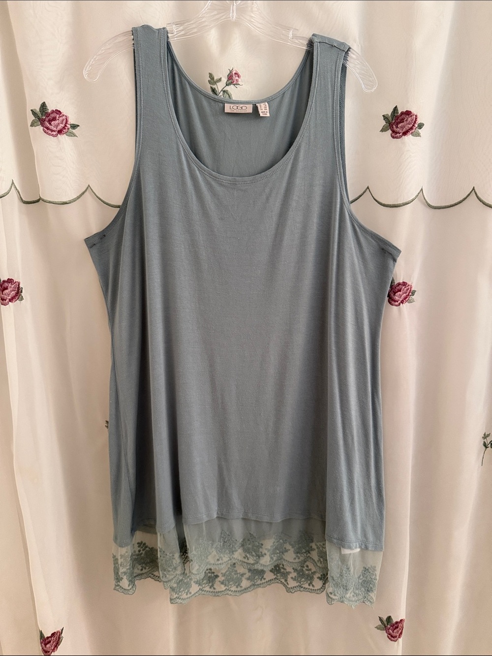 LOGO by Lori Goldstein Dusty Grey/Green Lace-Hem Tunic Camisole